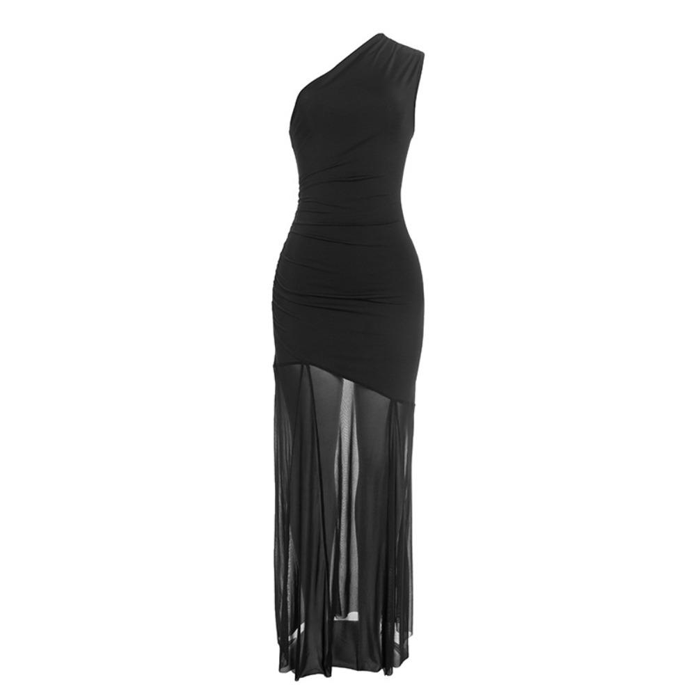 Women's One Shoulder Sleeveless Maxi Dress Slim Fit High Waist Streetwear Solid Mesh Sheer Split Long Gown