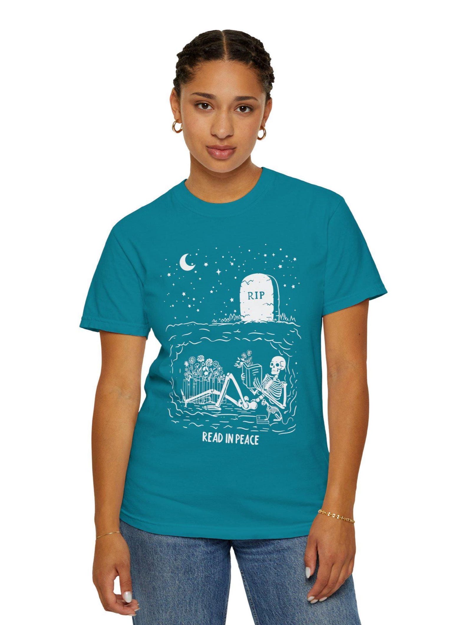 Read In Peace Skeleton Shirt, Spooky Book Lover Tee, Halloween Bookworm Gift L