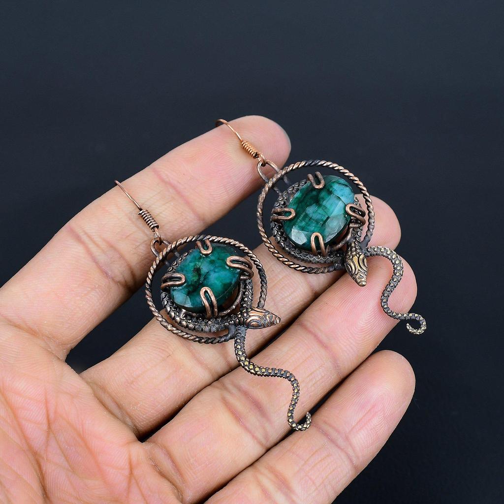 Emerald 999 Copper Wire Wrapped Earrings, Handmade Gemstone Earrings Jewelry, Gifts For Wife Brand New Earrings