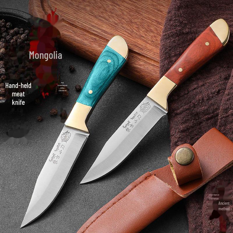 

Нож для чистки овощей из нержавеющей стали с имитацией древесины, монгольской ручкой и кожаными ножнами Mongolian knife with knife sheath красный