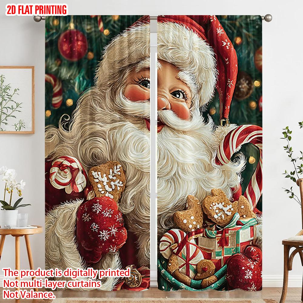 2pcs,2D Plane Printing Popular Curtains Vibrant Santa Claus Durable Polyester (without Rod) Versatile All Ldeal for Living Room,