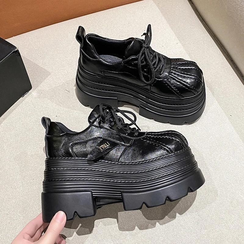 New  Spring Women's Leather Sneakers High Platform Lace-up Casual Shoes Thick Sole 10CM Heels Walking Shoes  Mujer
