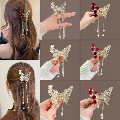 Butterfly Tassel Pearl Hair Claw Red Flower Festival Hairpin For Girls Ponytail Hair Clips Crab Women Fashion Accessories Gifts