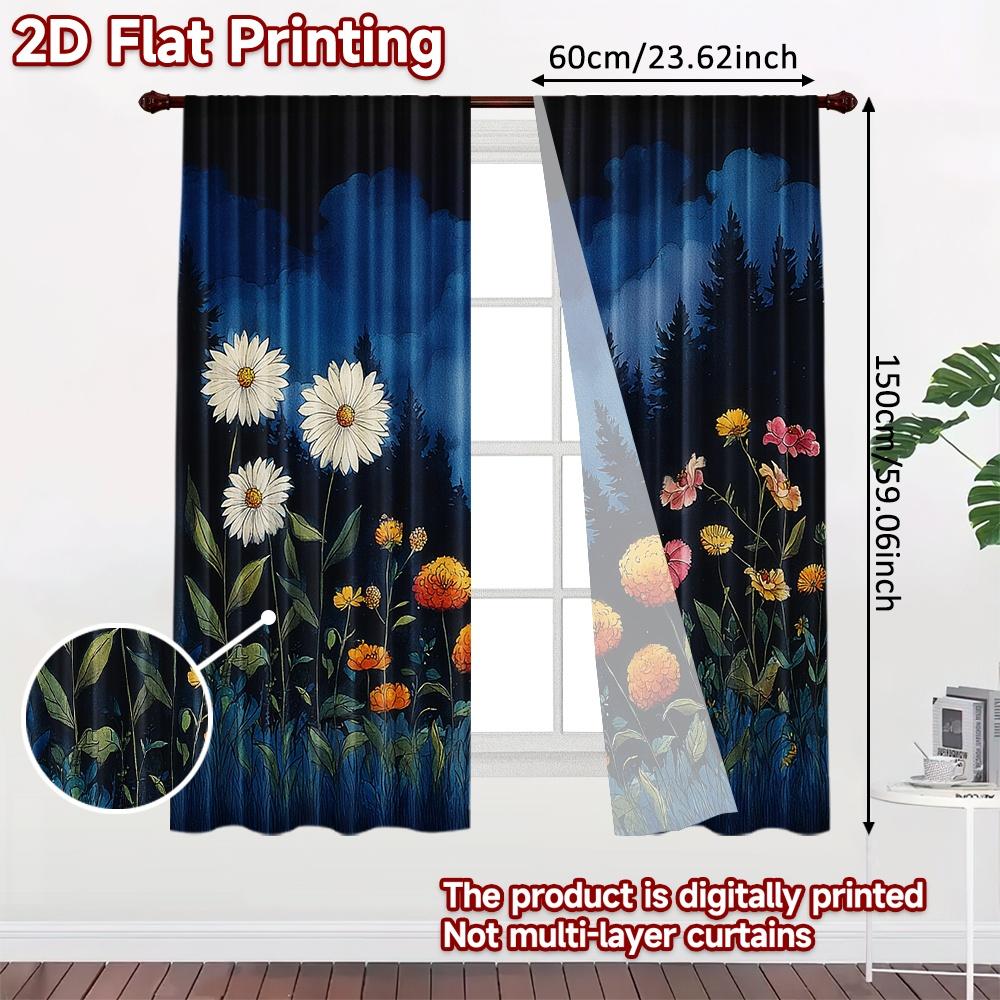 Set Of 2 Flat Printing Curtains Without Rod Floral Night Scene Valentine Is Day Festival Chic Print Polyester Curtain