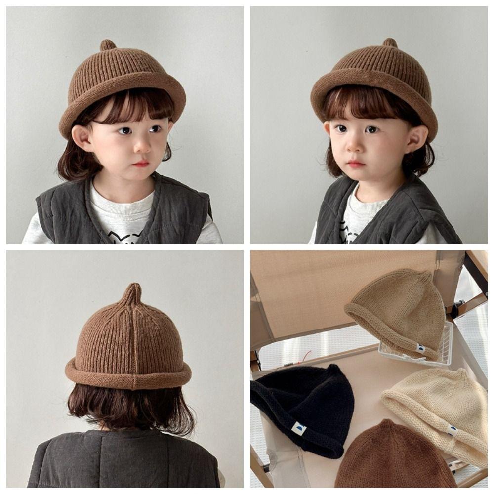Korean Curled Edge Hat Autumn Winter Children's Bonnet Hats Cute Baby Knitted Hat  Kids