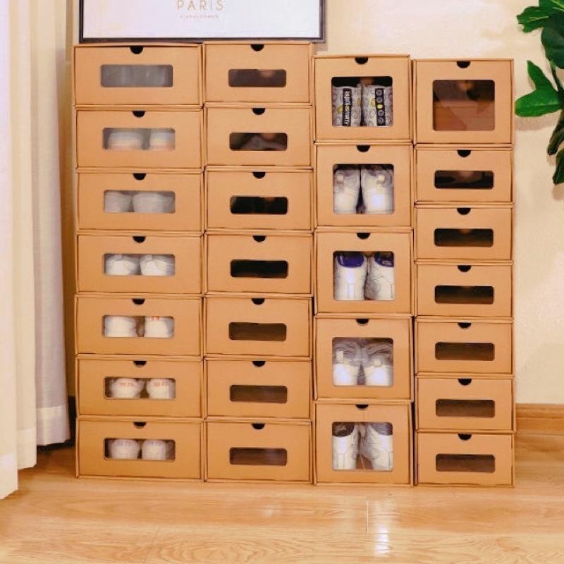Thickened Kraft Paper Shoe Storage Drawer - Transparent, Dustproof, Corrugated Cardboard Box for Dorms & Homes