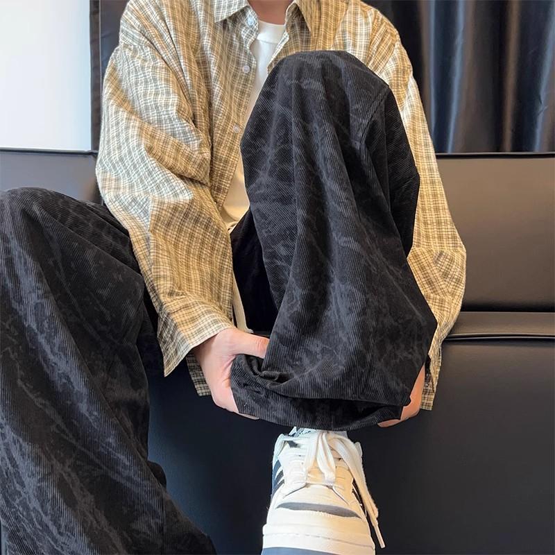 Men s Gray Tie Dye Corduroy Drawstring Casual Pants Oversized Streetwear Bottoms M чёрный