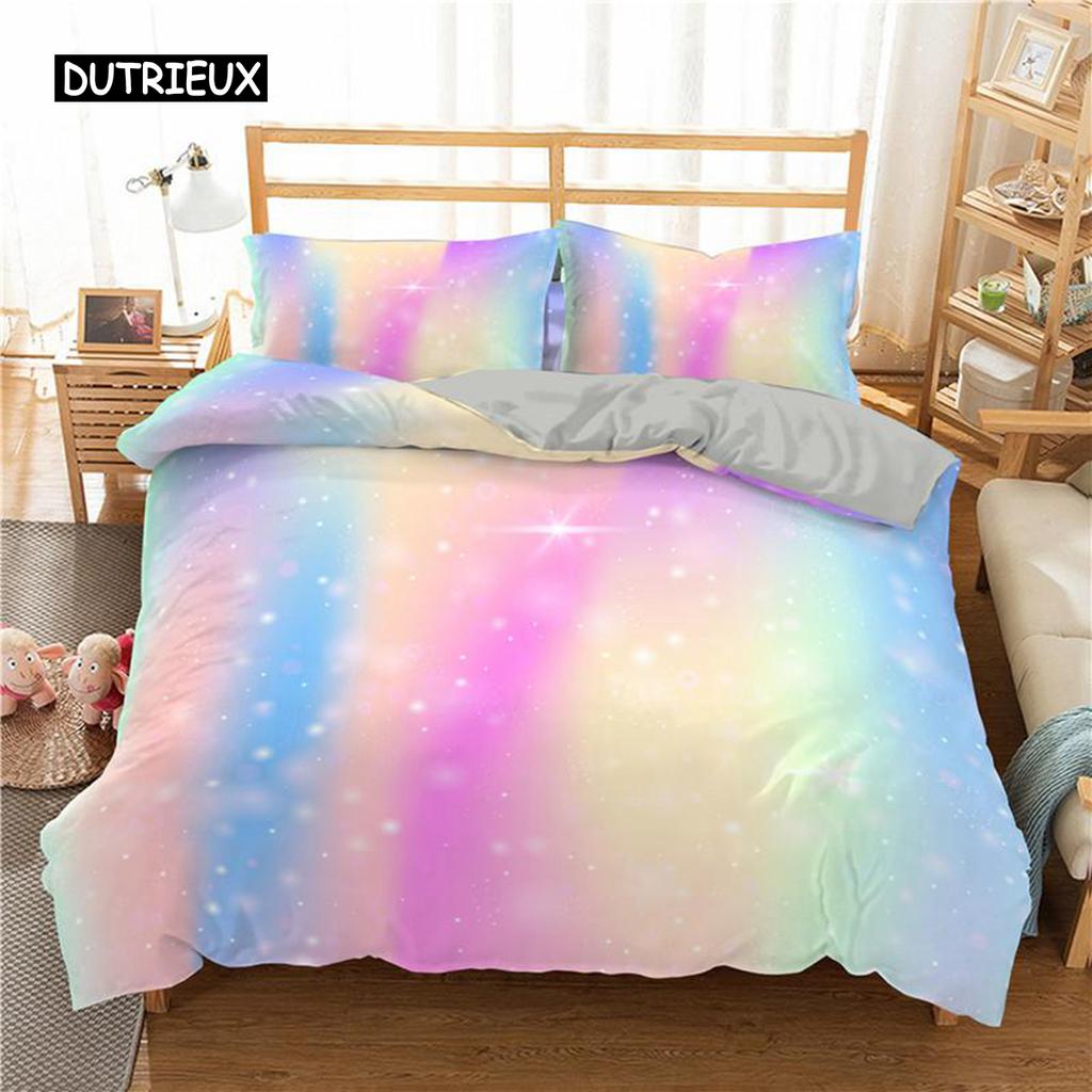 Regenbogen Bettbezug Set für Mädchen Regenbogen Stern Bettwäsche Set Mädchenhaft Glitzernd Doppel Queen King Size Weich und Bequem Bettdeckenbezug