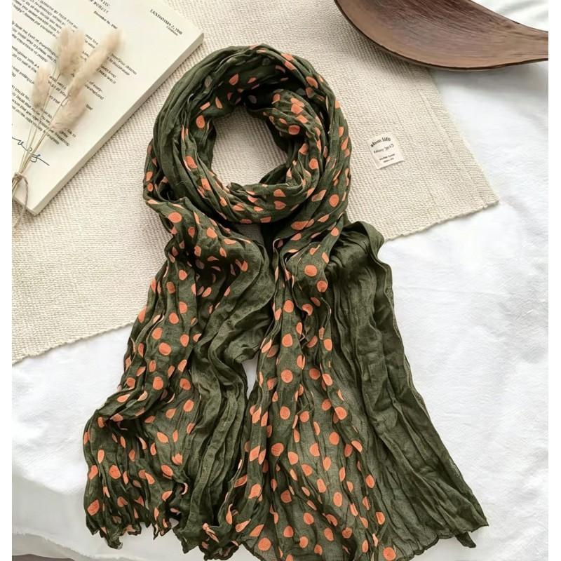 Korean Vintage Military Green Polka Dot Crinkled Scarf Women Lightweight Cotton Linen Shawl Accessory