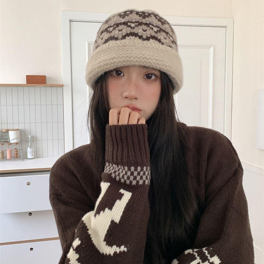 Casual Jacquard Women Beanie Cap Warm Thermal Fisherman Hat Knitted Hat Women