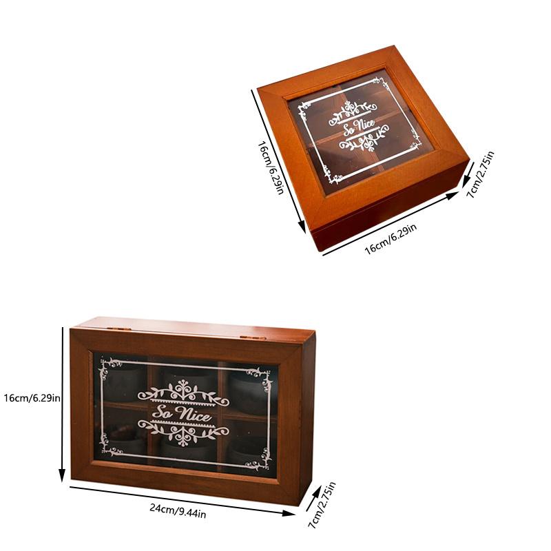 1pc 4/6 Grids Tea&coffee&spice&jewelry Dustproof Wooden Storage Box with Transparent lid,Perfect for Kitchen&dresser Place.