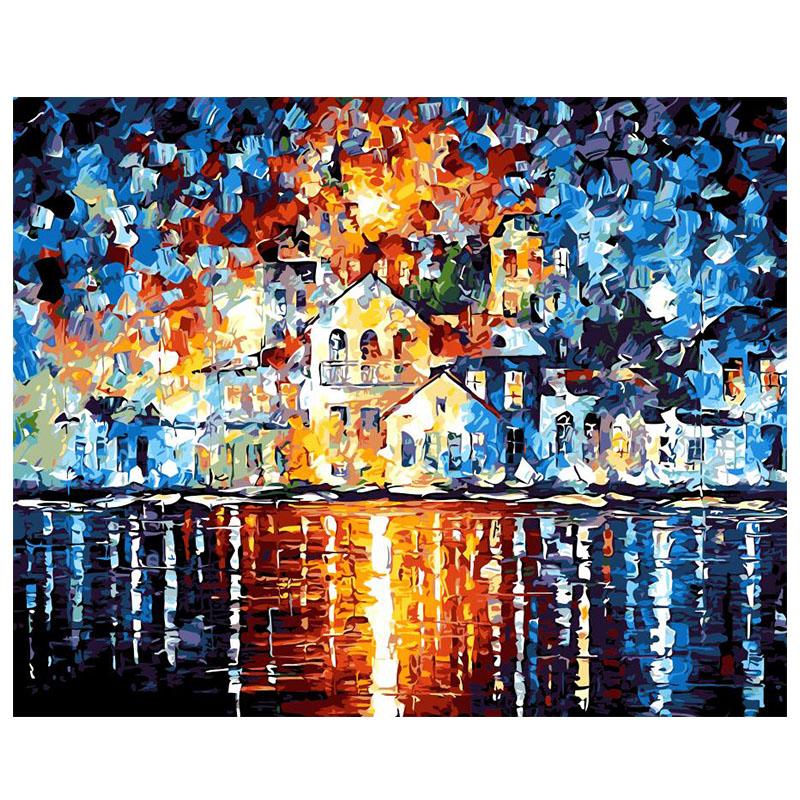 

Картина маслом по номерам своими руками, декор для рукоделия 40x50 см, безрамные речные огни