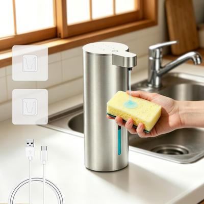 Dalugo Automatic Soap Dispenser, Stainless Steel, IPX5 Waterproof, USB Rechargeable, 400ml Large Capacity, 4-Stage Dispensing Adjustment, Compatible W