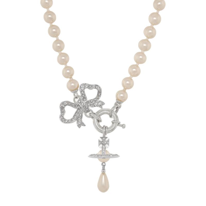 

Vivienne Westwood Rigoberta Pearl Necklace Bow Pendant Glass Brass Necklace Women necklace Silver 6301014A-02P699 F,Silver