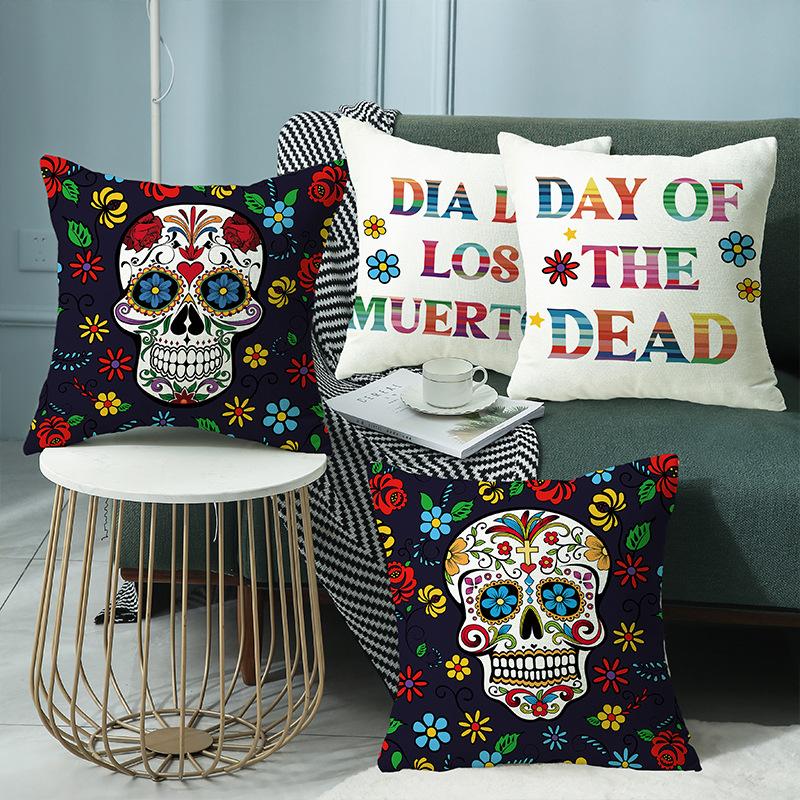 2026 Halloween Totenkopf Buchstaben Leinen Überwurf Kissenbezug, Kissenhülle für Sofa, Dekorative Couch Kissenhülle 45x45cm