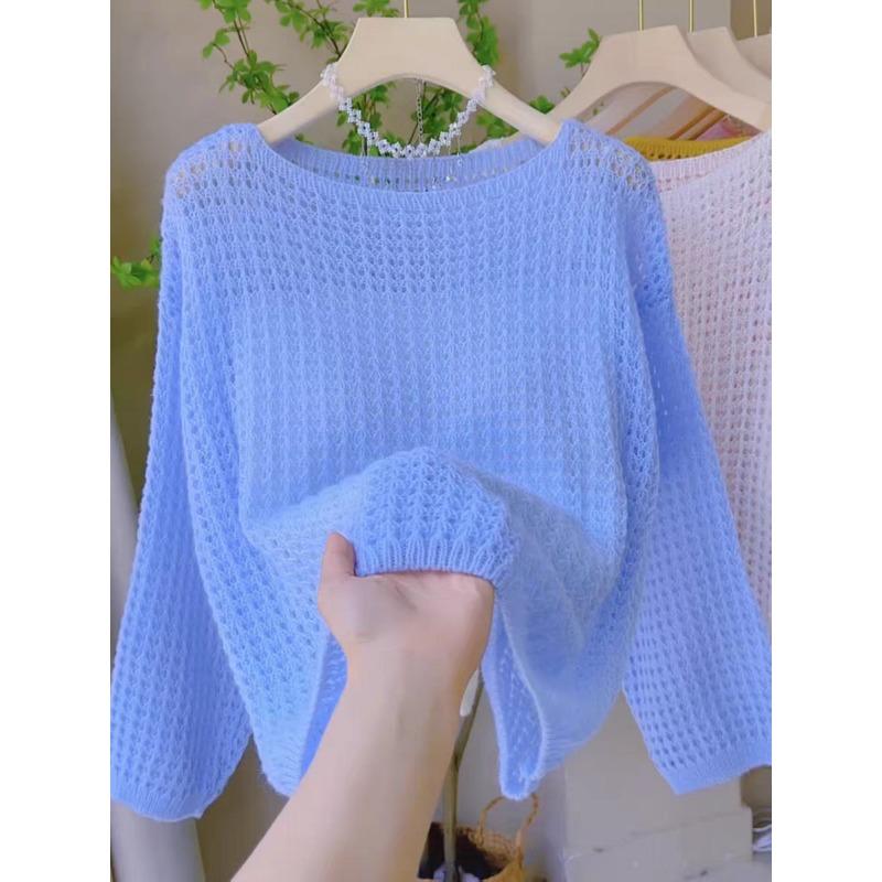 Spring and summer new hollow thin crew neck knitted sweater top loose lazy wind sunscreen blouse pullover woman