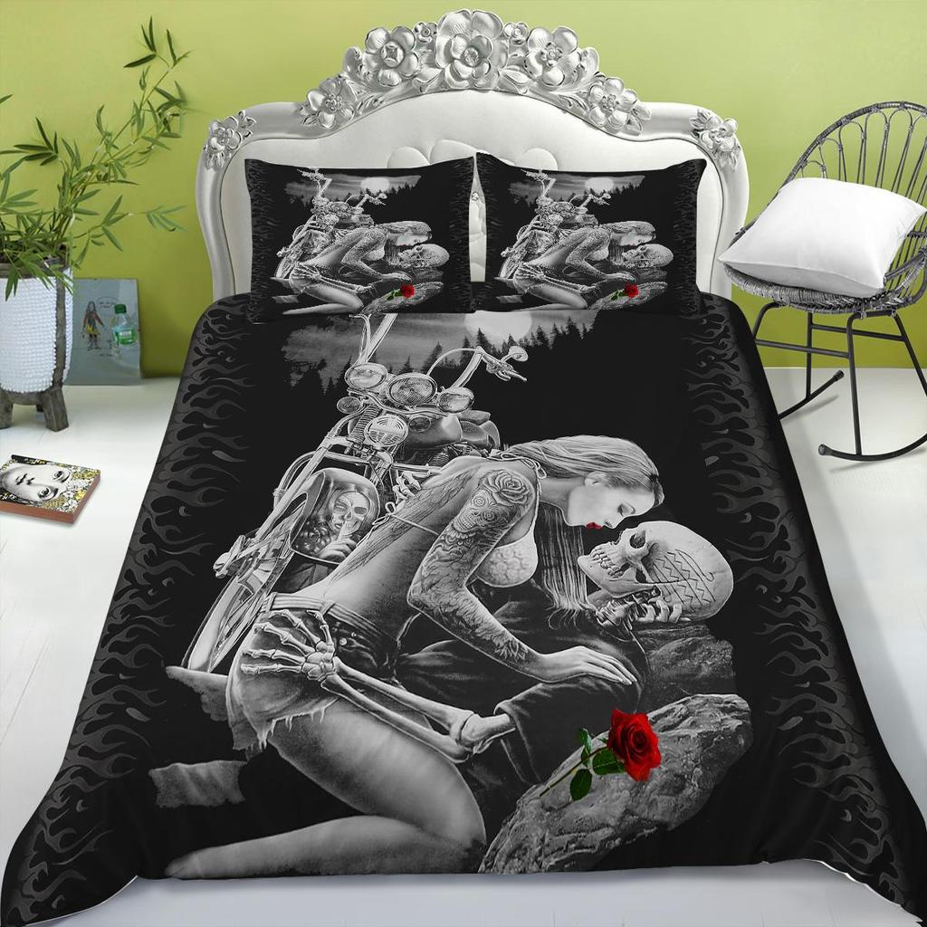 Bedding Set New Bed Cover 3D Skull Head Scary Print Family Bedroom Full Size Quilt Cover and Pillowcase Microfiber
