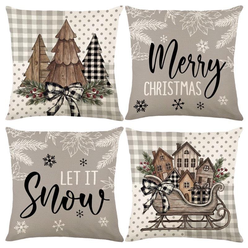 Christmas Theme Short Plush Pillow Cover Set Holiday Print Cushion Case for Living Room Sofa Home Decor 45x45cm