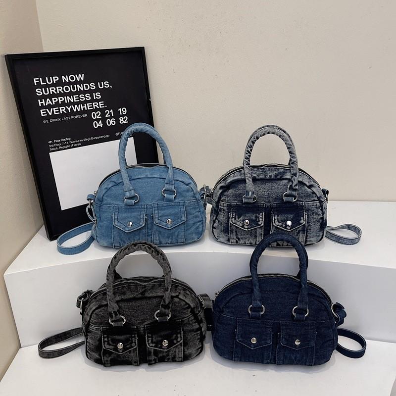 Retro Style Denim Shoulder Bag With Top Zipper And Cell Phone Pocket