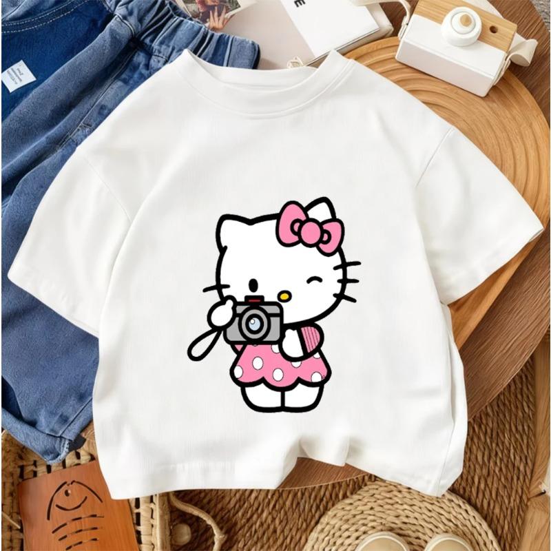 

Летняя футболка Hello Kitty Милый мультяшный повседневный топ с круглым вырезом для мальчиков и девочек 100