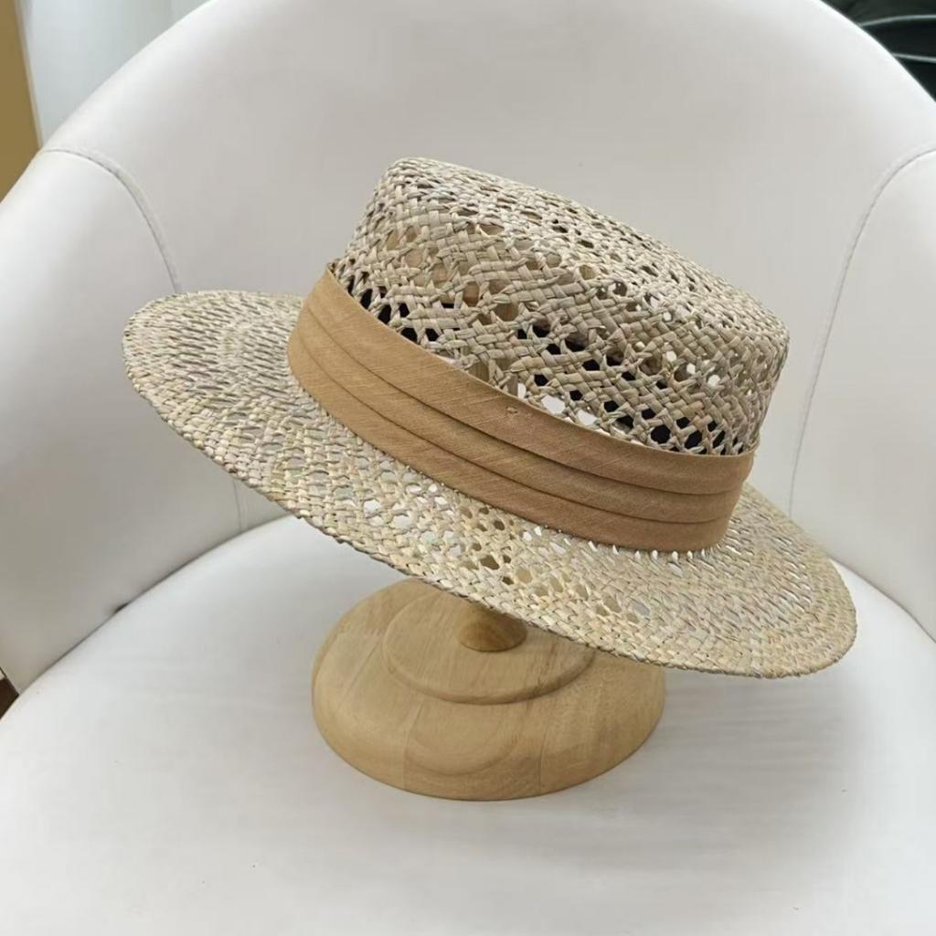 High-end Retro French Straw Hat Women's Summer Top Hat Flat Top Hollow Seaside Vacation Sunshade Sunscreen Hat