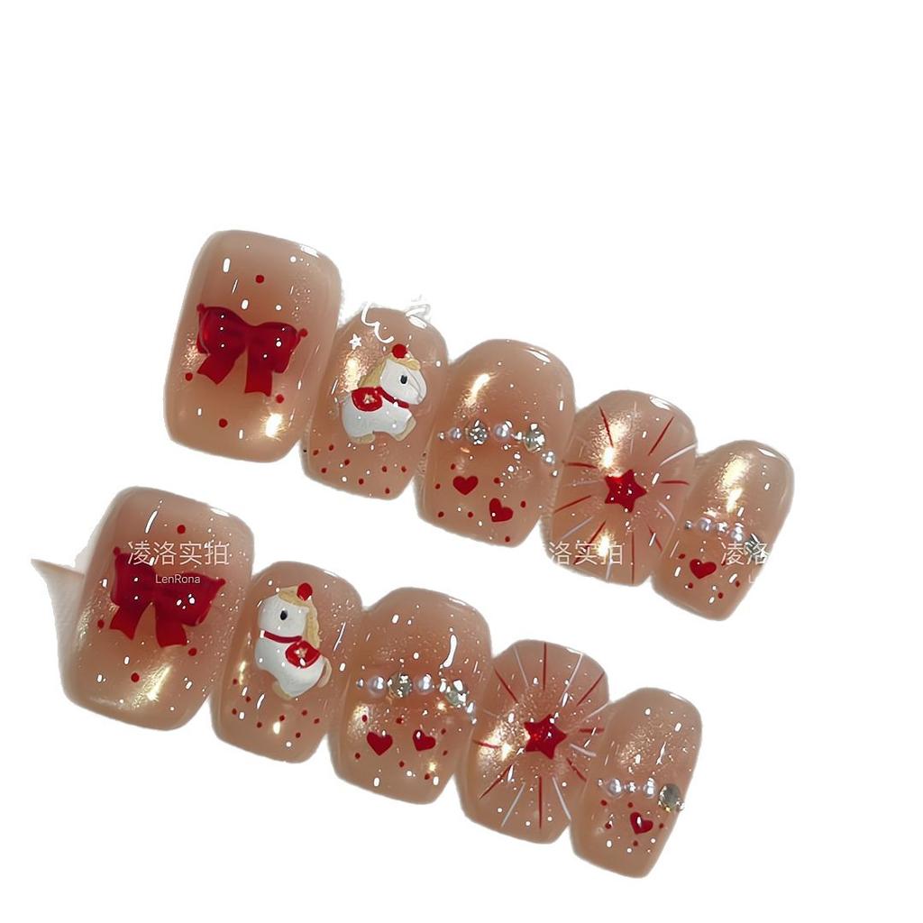 Press On Nails Artificial Acrylic Nails Glossy False Nails Full Cover Stick On Nails Square Fake Nails with Glitter Design Glue On Nails for Women
