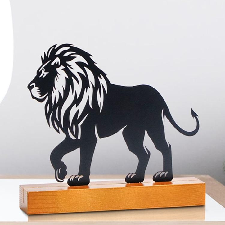 Metal Lion Statue with Wood Base Centerpieces Table Top Sign Hollow Out Iron Art Animal Sculpture Desktop Ornament Gift