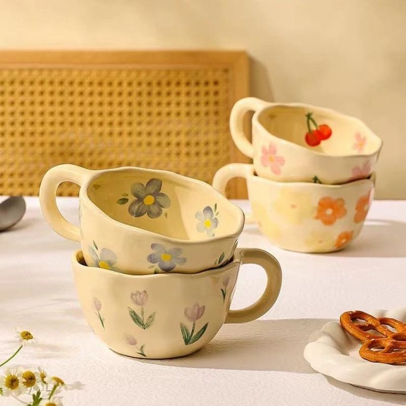 Hand-Pinched Ceramic Coffee Mug, Korean Style Floral Milk Tea Cup, Artisan Breakfast Drinkware, Unique Irregular Design