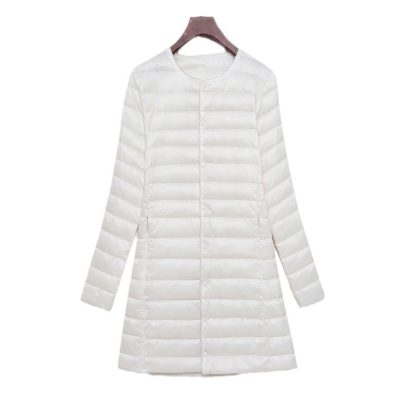 2025 New Down Jacket Women's Light, Medium and Long Fashion Korean Version of Thin White Duck Down Snap-button Round Neck Warm Jacket
