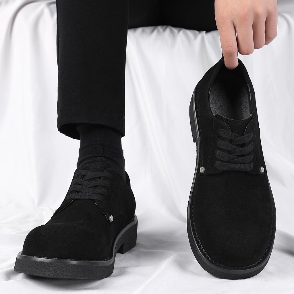 Fur derby shoes men's 2025 spring and summer breathable low-top rhubarb boots thick sole heightening fashionable casual tooling leather shoes