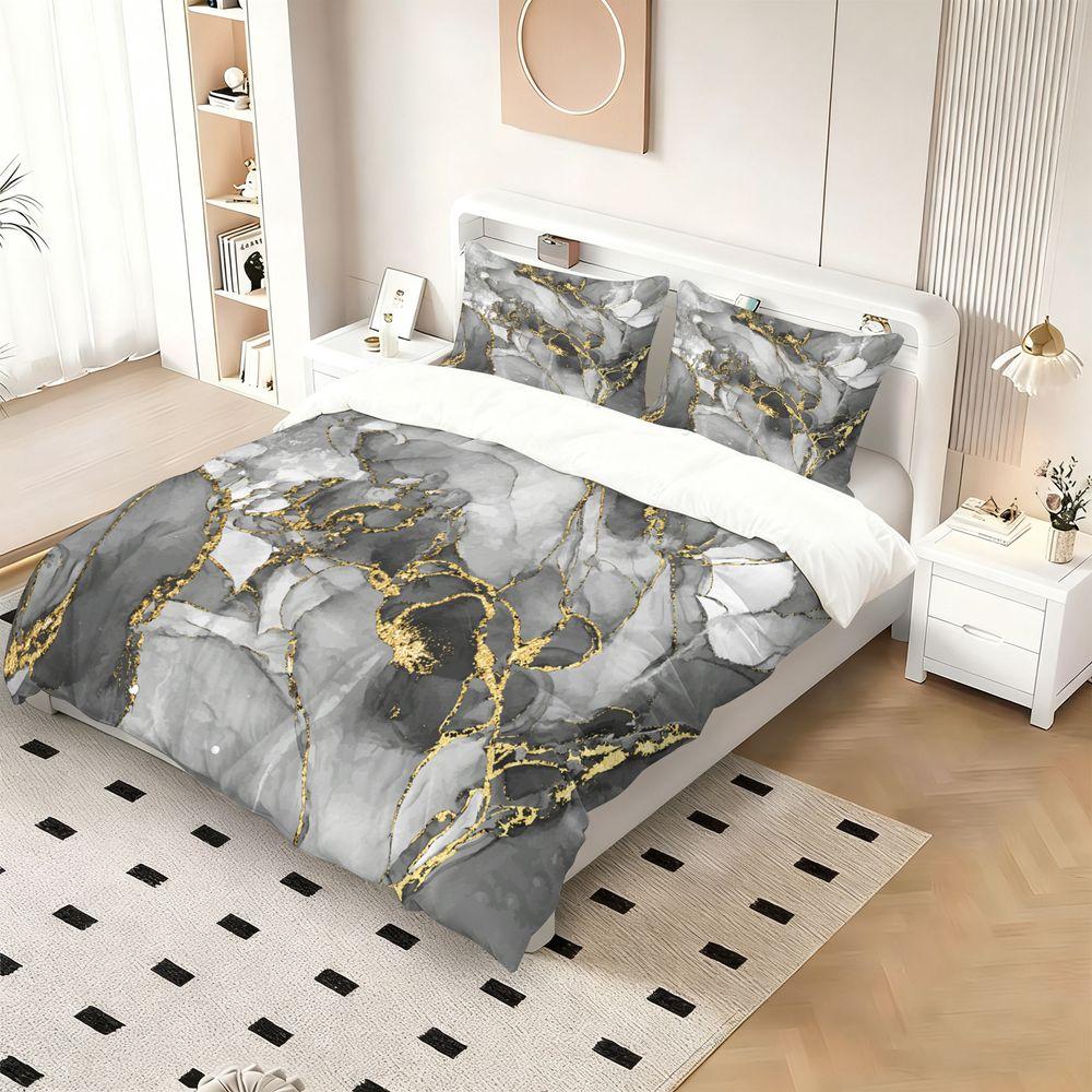 Luxury Gold Foil Marble Duvet Cover Set (1 Duvet Cover & 1/2 Pillowcase) Modern Abstract Bedding Set Bedroom Decor