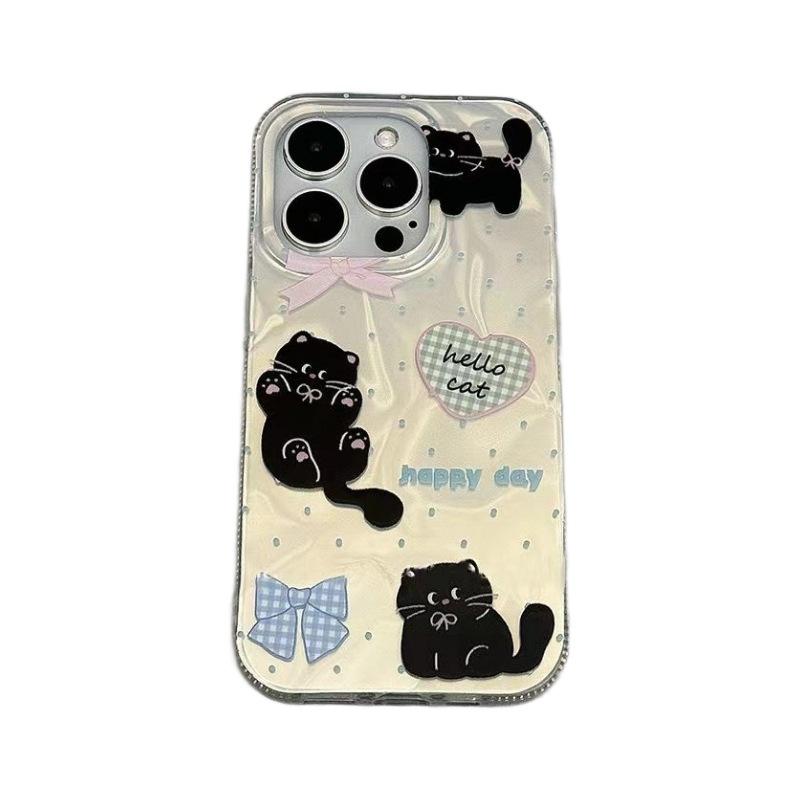 ins Feng Shui ripple small black cat is suitable for Apple 15 mobile phone case iPhone14Plus/1311promax explosion