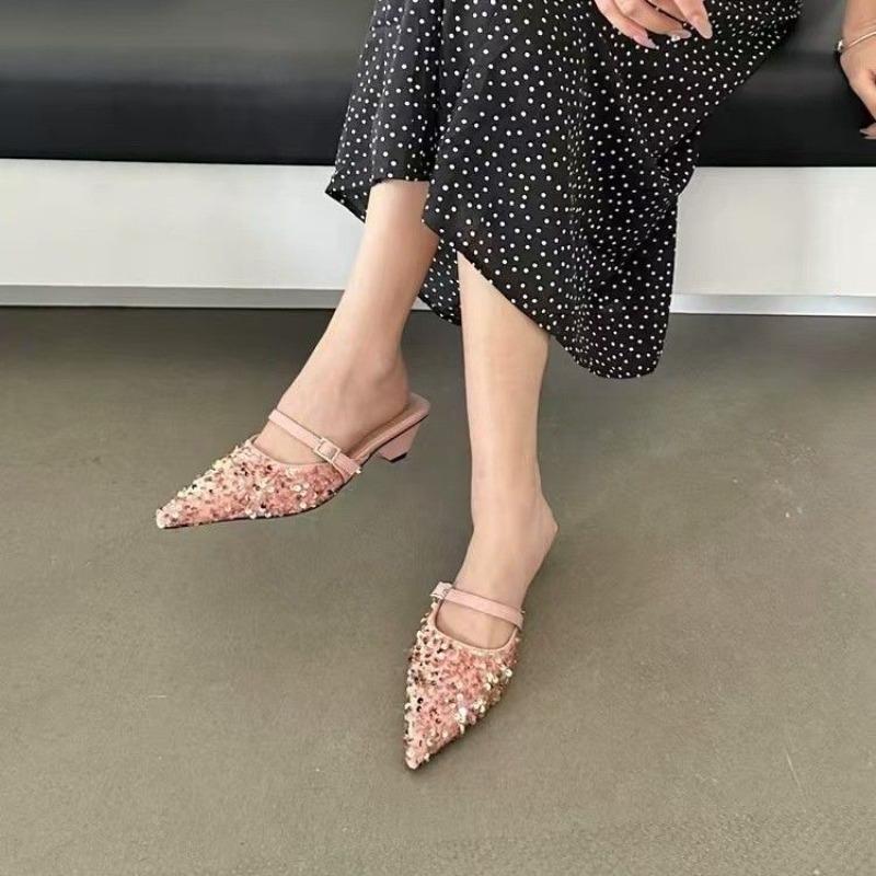 Fashion Sequins Black Slides with Heel Shoes Pointed Toe Women's Mules Slippers and Ladies Sandals Unique Korea Style Easy Wears Shoe 39
