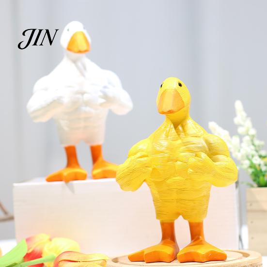 Resin Duck Ornament Muscular Figurine, Strong Fitness Statue, Statue White Yellow Shape for Table Decor Figure