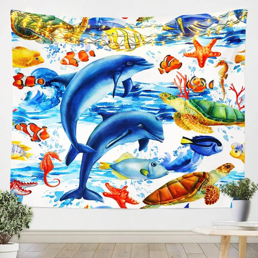 Unterwasser-Oase Wandteppich Delfin Unter dem Meer Korallenfische Anemonen Tiefsee Fantasy Blasen Wandbehänge Dekor Zimmer Wandteppiche
