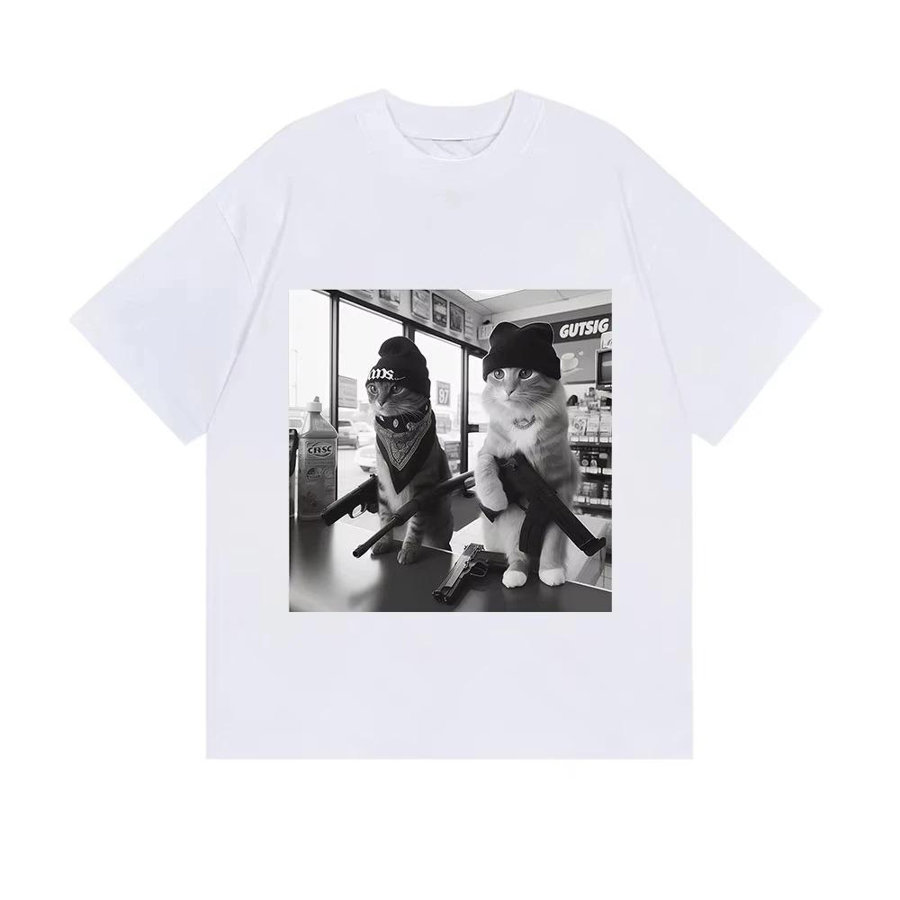 

Funny Gangster Black and White Armed Cats Meme Graphic T Shirts Men Women Vintage Fashion Cotton Short Sleeve T-shirt 3XL