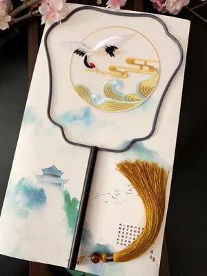 Chinese Traditional Art Embroidery Wooden Hand Fan, Classical, Ancient Dance Costume, Han Fu Cheongsam with Long Handle, Tasse