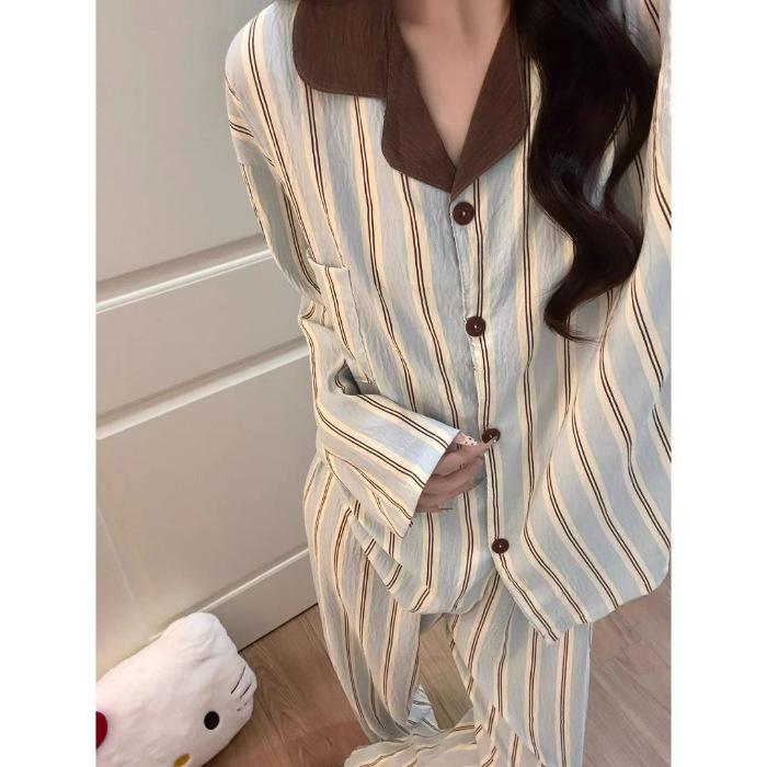 Spring pajamas women s new cloud cotton long-sleeved small lapel long-sleeved trousers casual loungewear set M