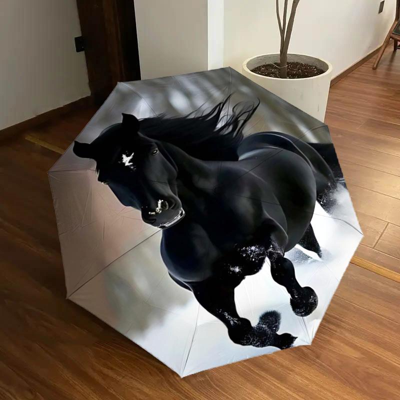 

Black Horse in Snow: Automatic Opening/Closing Umbrella with Foldable Design, Ideal for Fans, Travelers, Daily Use, and Festive Gifts!112520