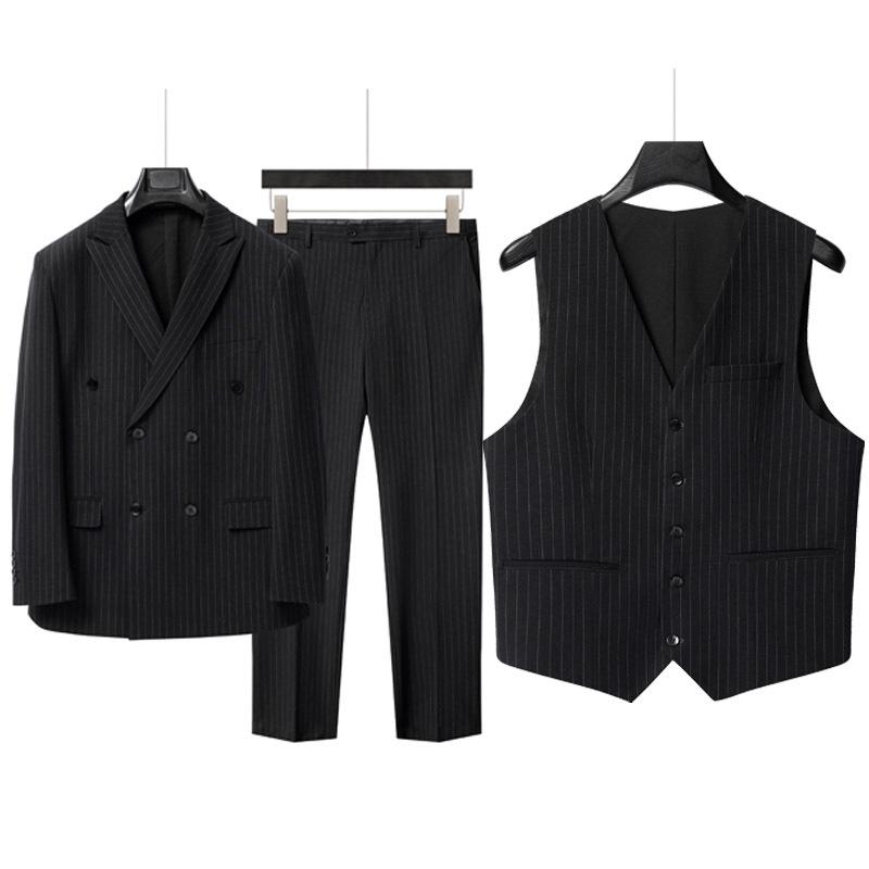 Men's Double-Breasted Striped Stretch Suit Set, Loose Fit, Plus Size for Big & Tall, Perfect for Weddings.