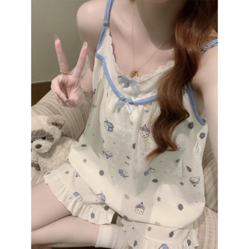 Korean Style Petite Women's Pajama Set with Chest Pads and Sweet Bow Summer Camisole, Suitable for Outdoor Wear