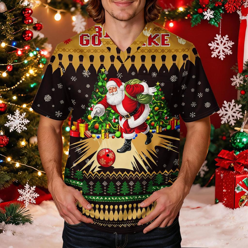 Men's Caregiver Uniform Top with Christmas Print Short Sleeve V-Neck and Pockets