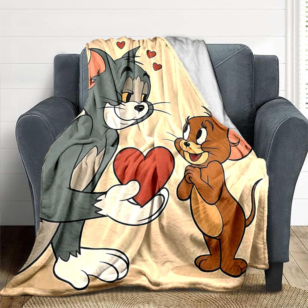 1pc Tom Jerry Love Heart Flannel Throw Blanket - Lightweight Soft Warm All-Season Blanket for Sofa, Bed, Travel, Camping L1029168
