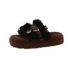 Thick bottom heightening fluffy slippers outer wear 2025 autumn and winter new belt metal buckle home plush one-word cotton drag posture