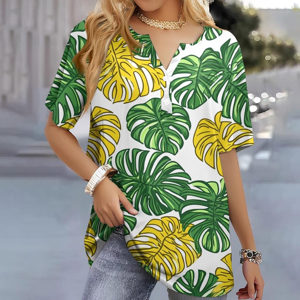 Women's T Shirt Print Button Short Sleeve Daily Weekend Fashion Basic V- Neck Regular Top