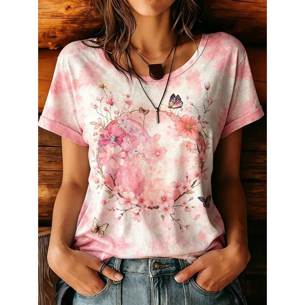 Women's Yellow Tie-Dye Sunflower Butterfly Print Round Neck T-Shirt Short Sleeve Casual Tops for Spring Summer