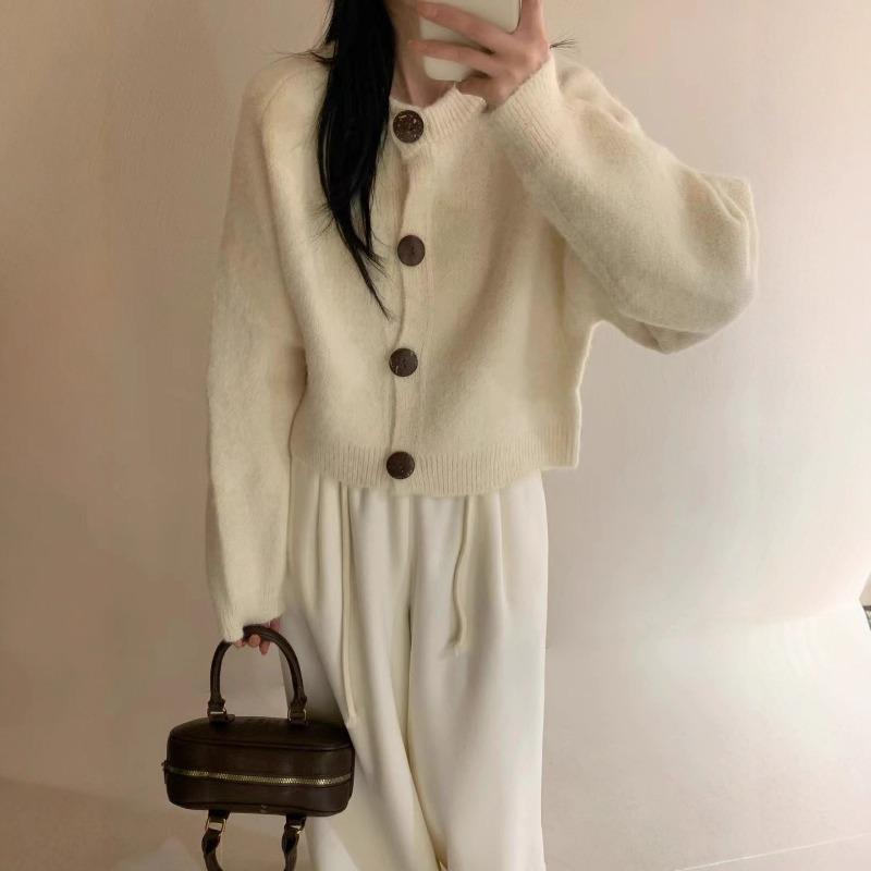 

Женский однотонный вязаный кардиган свободного кроя с круглым вырезом: Повседневный свитер в корейском стиле, свободного кроя, на осень-зиму One Size абрикосовый