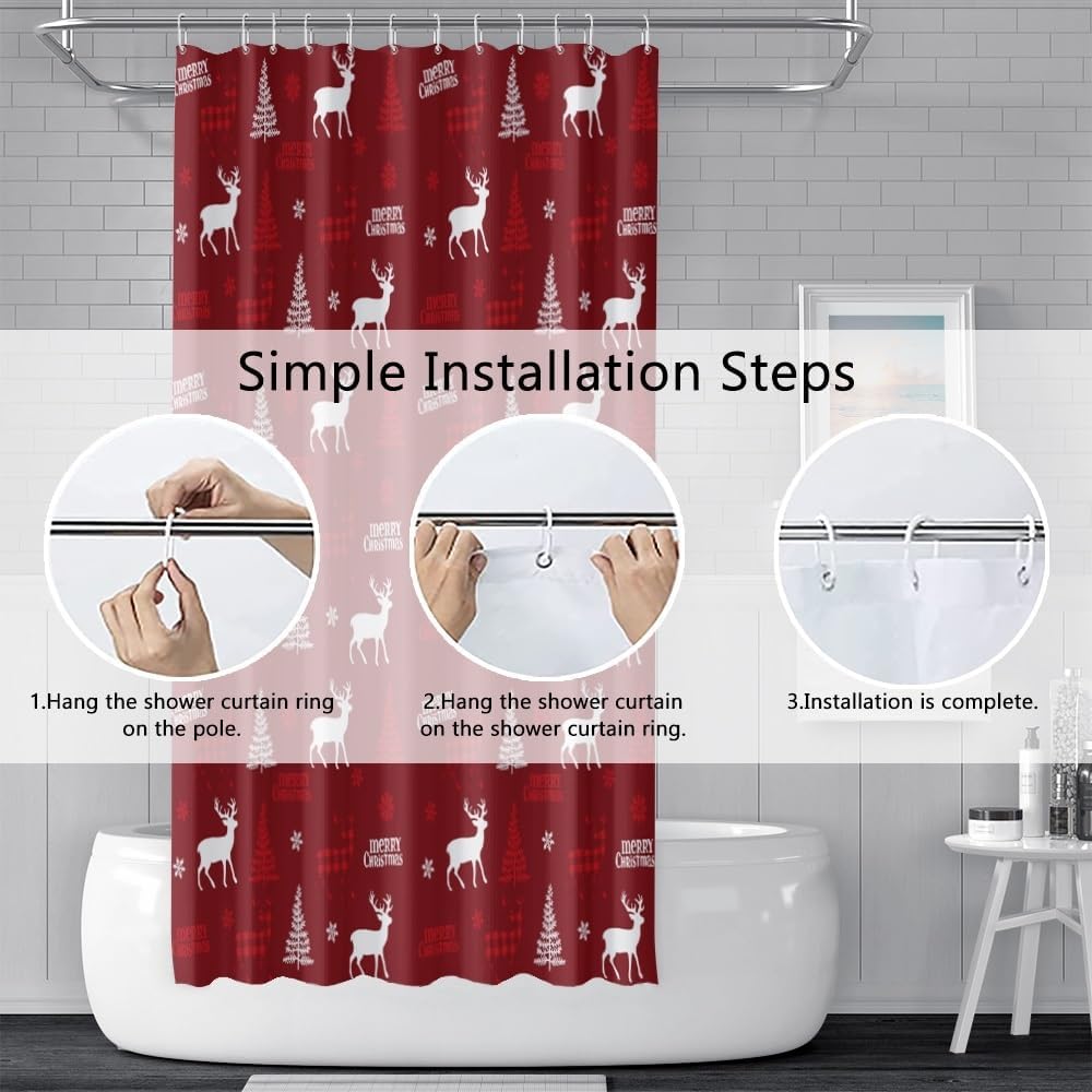 Christmas Shower Curtain For Bathroom Red X-Mas Shower Curtain Set With Hooks Elk Christmas Trees Snowflakes Decor Waterproof