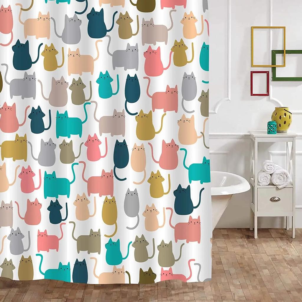Black and White Cat Shower Curtains Set Cute Abstract Kitten Theme Woman and Girl Gifts Fabric Bath Curtain For Bathroom Decor