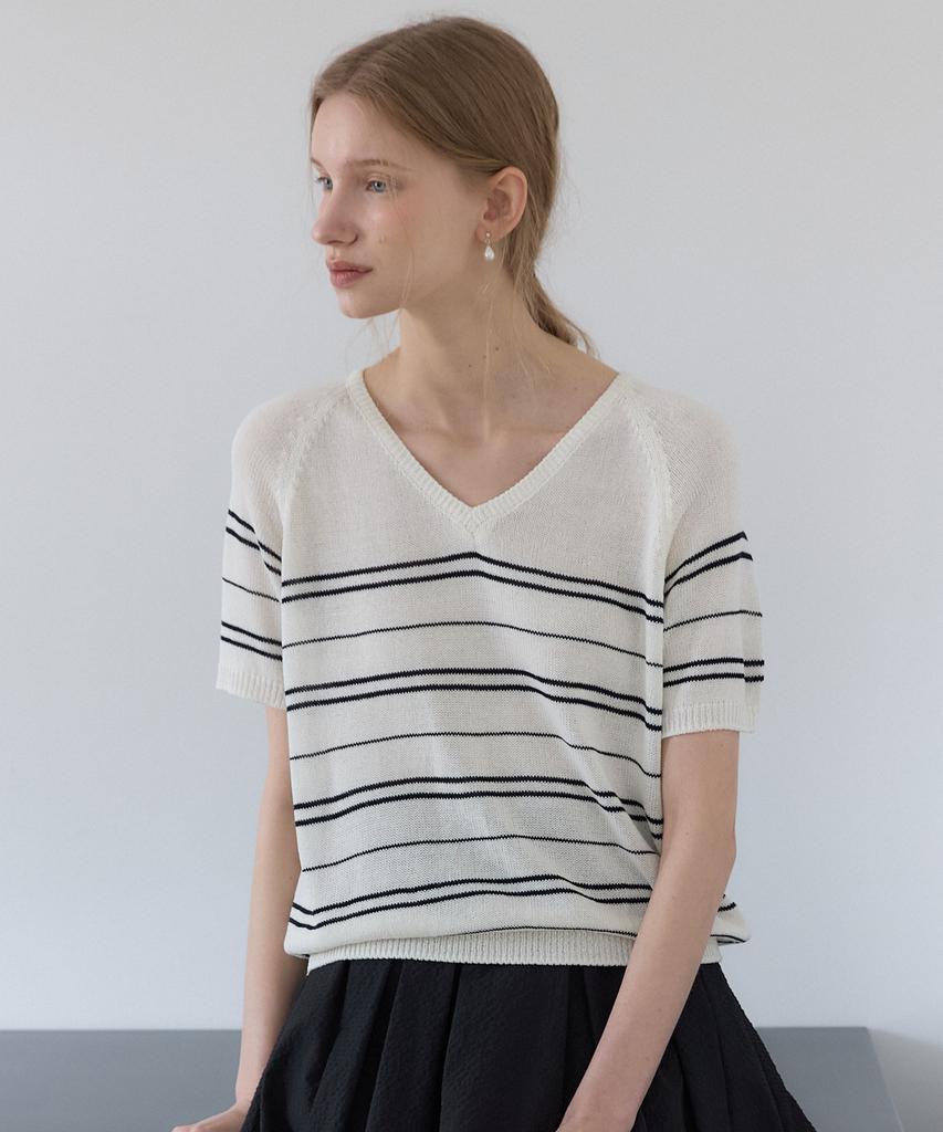 OURHOPE Sheer Linen Striped V-Neck Knit - Cream